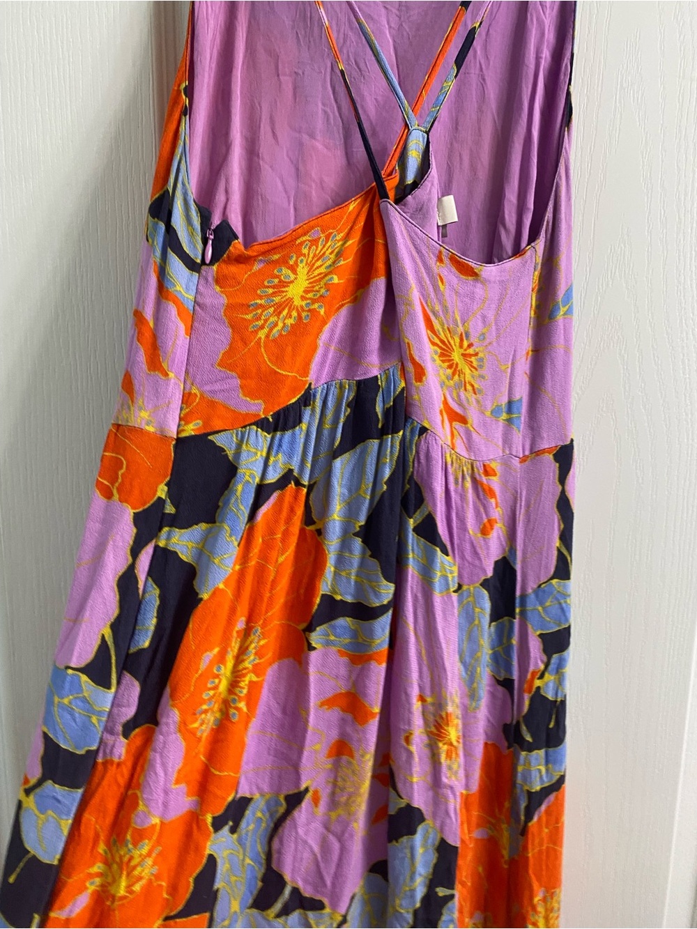 LOFT Full Bloom Cross-Back Floral Maxi Boho Dress Purple Orange Watercolor 10 - Picture 12 of 16